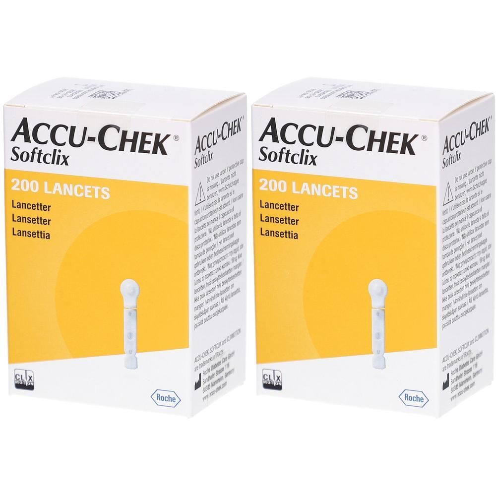 Zwei Packungen ACCU-CHEK Softclix Lanzetten. Jede Packung enthält 200 Lanzetten. Aufdrucke: Marke, Produktname, Anzahl.