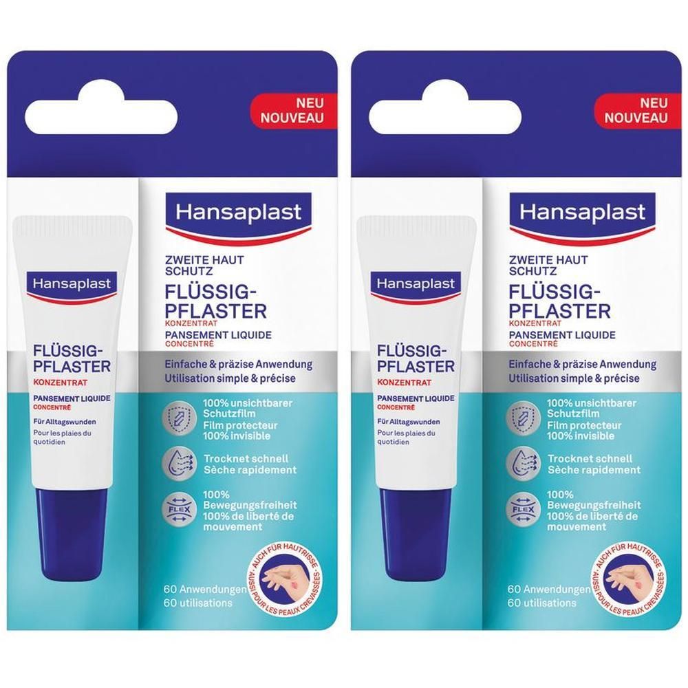 Zwei Packungen Hansaplast Flüssig-Pflaster Konzentrat, 60 Anwendungen pro Packung.
