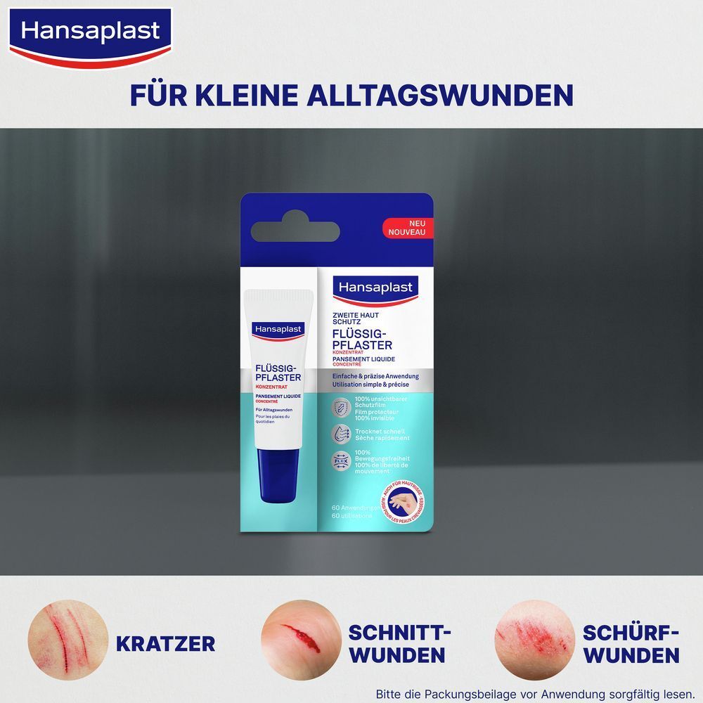 Hansaplast Flüssig-Pflaster Konzentrat für kleine Alltagswunden. Zeigt Kratzer, Schnitt- und Schürfwunden.