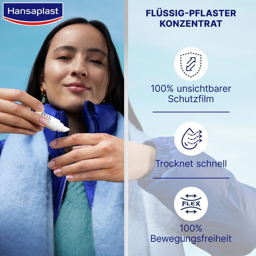 Frau trägt Hansaplast Flüssig-Pflaster Konzentrat auf. 100% unsichtbarer Schutzfilm, trocknet schnell, flexibel.