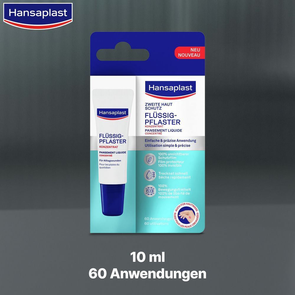 Verpackung Hansaplast Flüssig-Pflaster Konzentrat, 10 ml, 60 Anwendungen. Einfache & präzise Anwendung.
