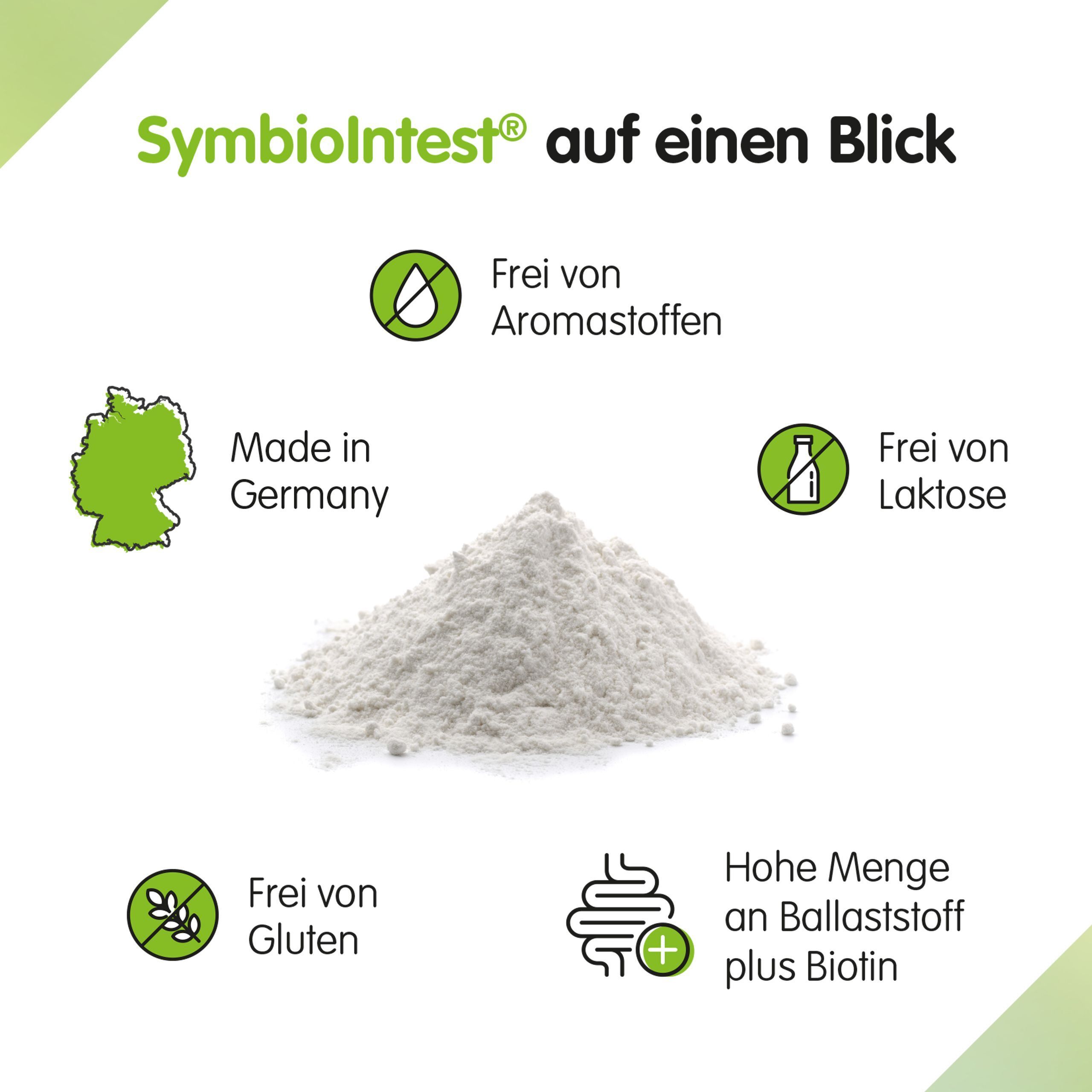 Haufen weißes Pulver. Grafiken: Frei von Aromastoffen, Made in Germany, Frei von Laktose, Frei von Gluten, Hohe Menge an Ballaststoff plus Biotin.