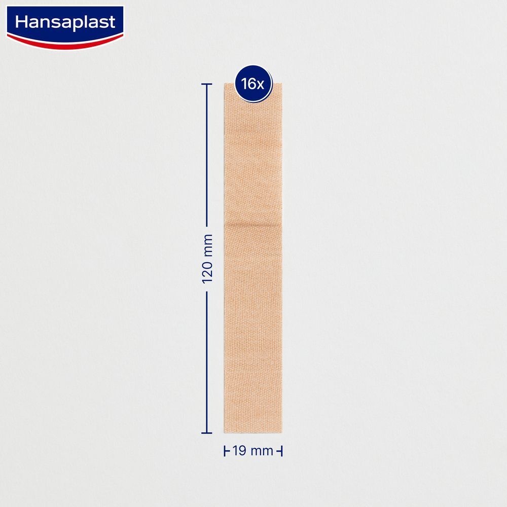 Ein einzelner Hansaplast Fingerstrip. Maße: 120 mm x 19 mm. Oben steht 16x.