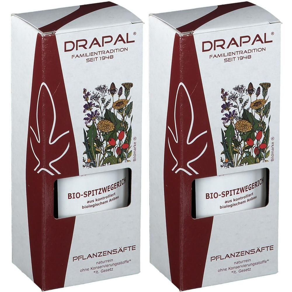 Zwei Packungen mit Pflanzensaft. Aufdruck: Drapal, Bio-Spitzwegerich, Pflanzen-säfte. Mit floraler Illustration und Qualitätszeichen.