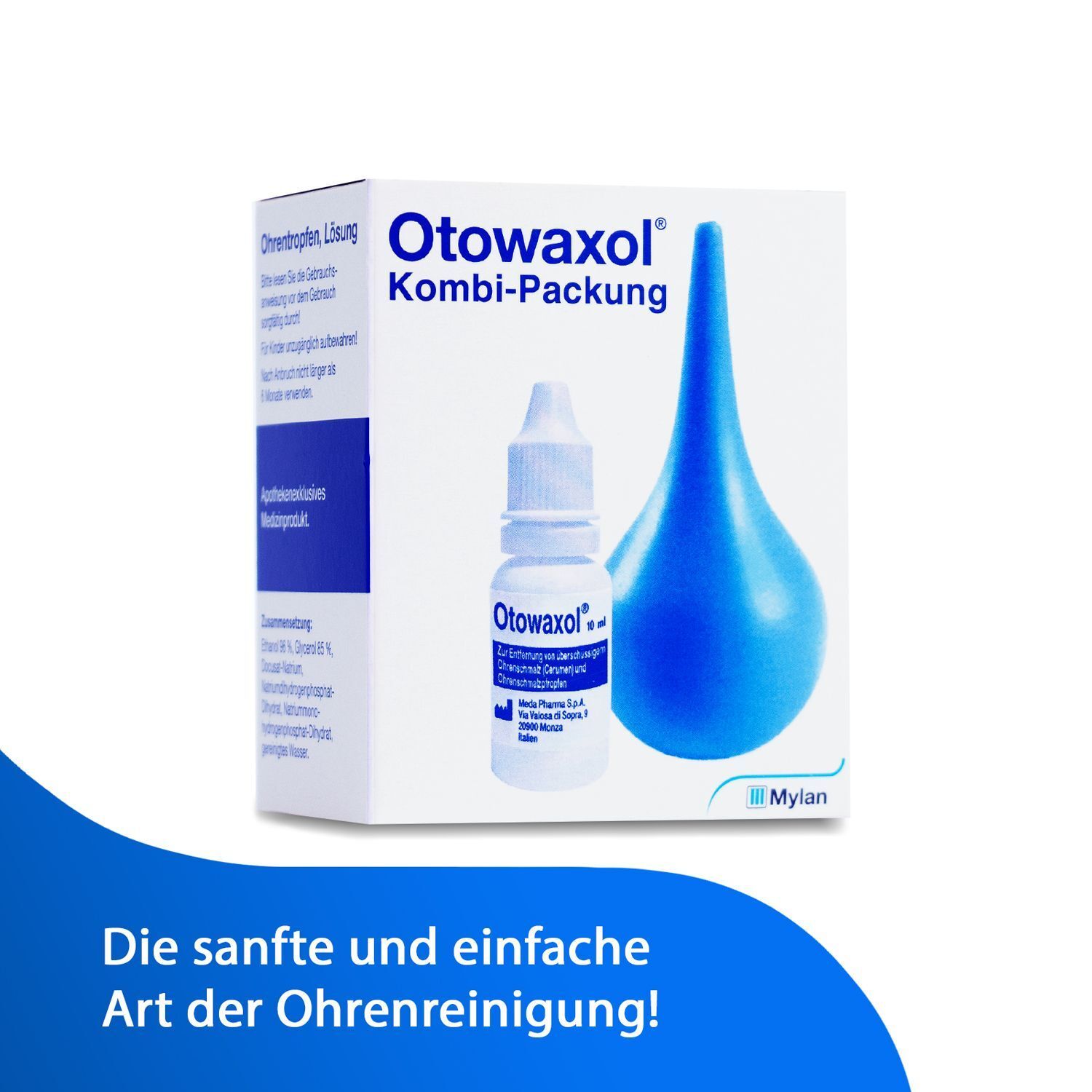 Produktverpackung mit Flasche und blauer Ohrenspritze. Auf der Verpackung steht "Otowaxol Kombi-Packung".