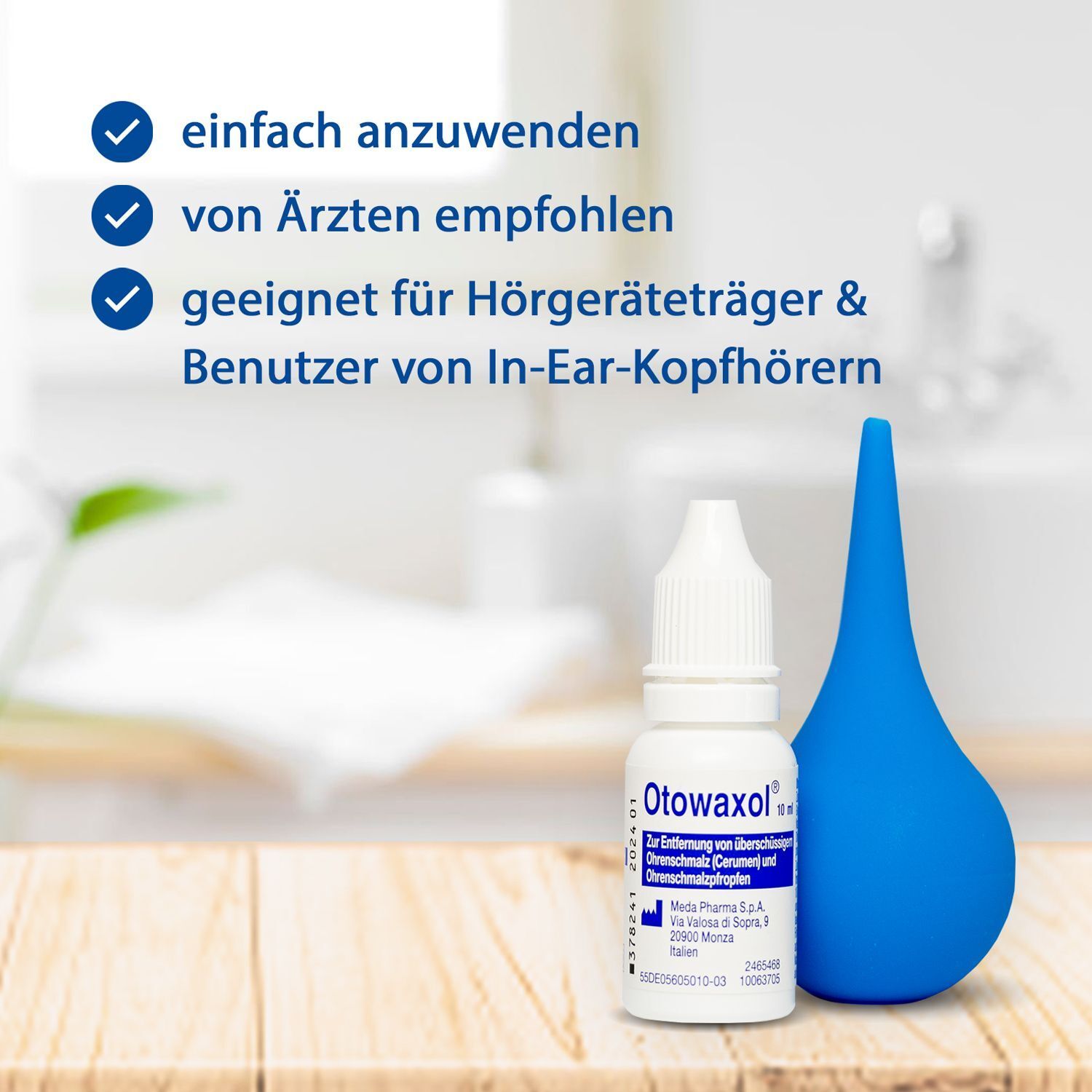 Flasche, blaue Ohrenspritze. Text: "einfach anzuwenden", "von Ärzten empfohlen", "geeignet für Hörgeräteträger & Benutzer von In-Ear-Kopfhörern".