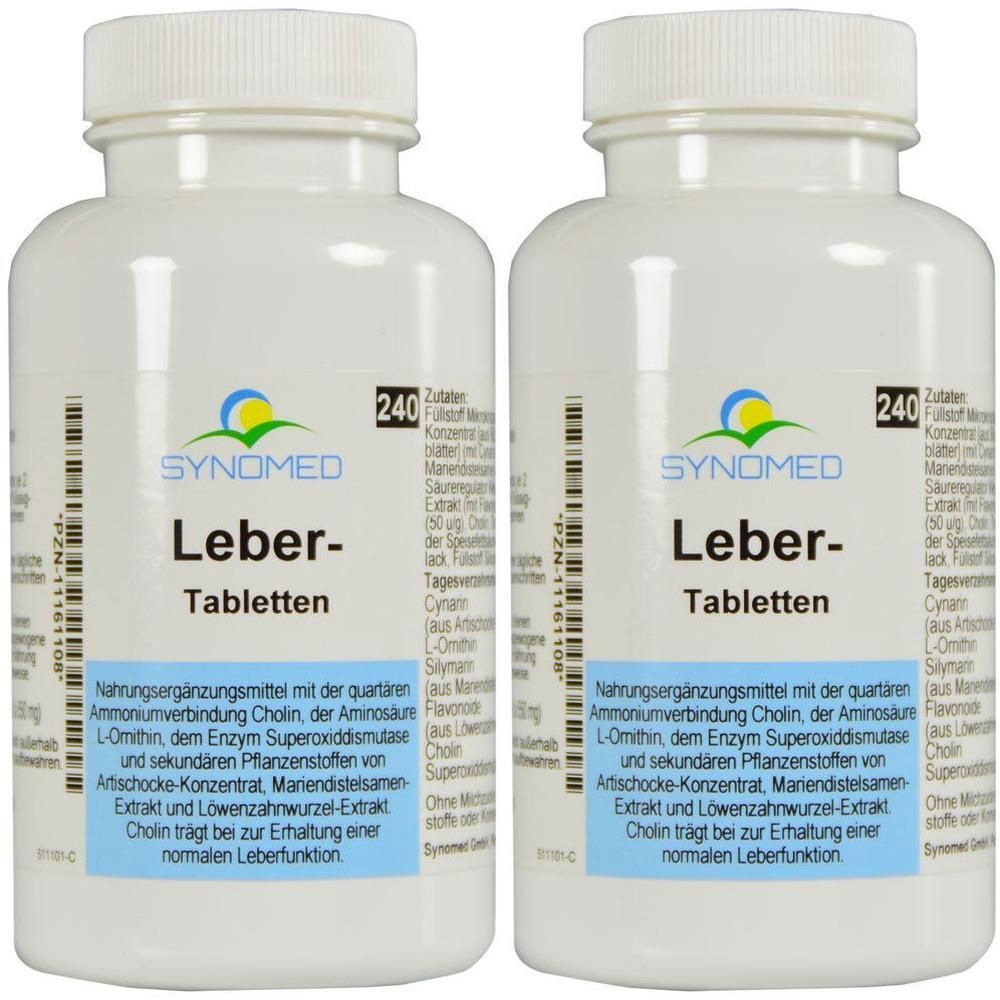 Zwei weiße Tablettenflaschen mit Schraubverschluss. Aufschrift: Leber-Tabletten. Marke: Synomed. Enthält 240 Tabletten.