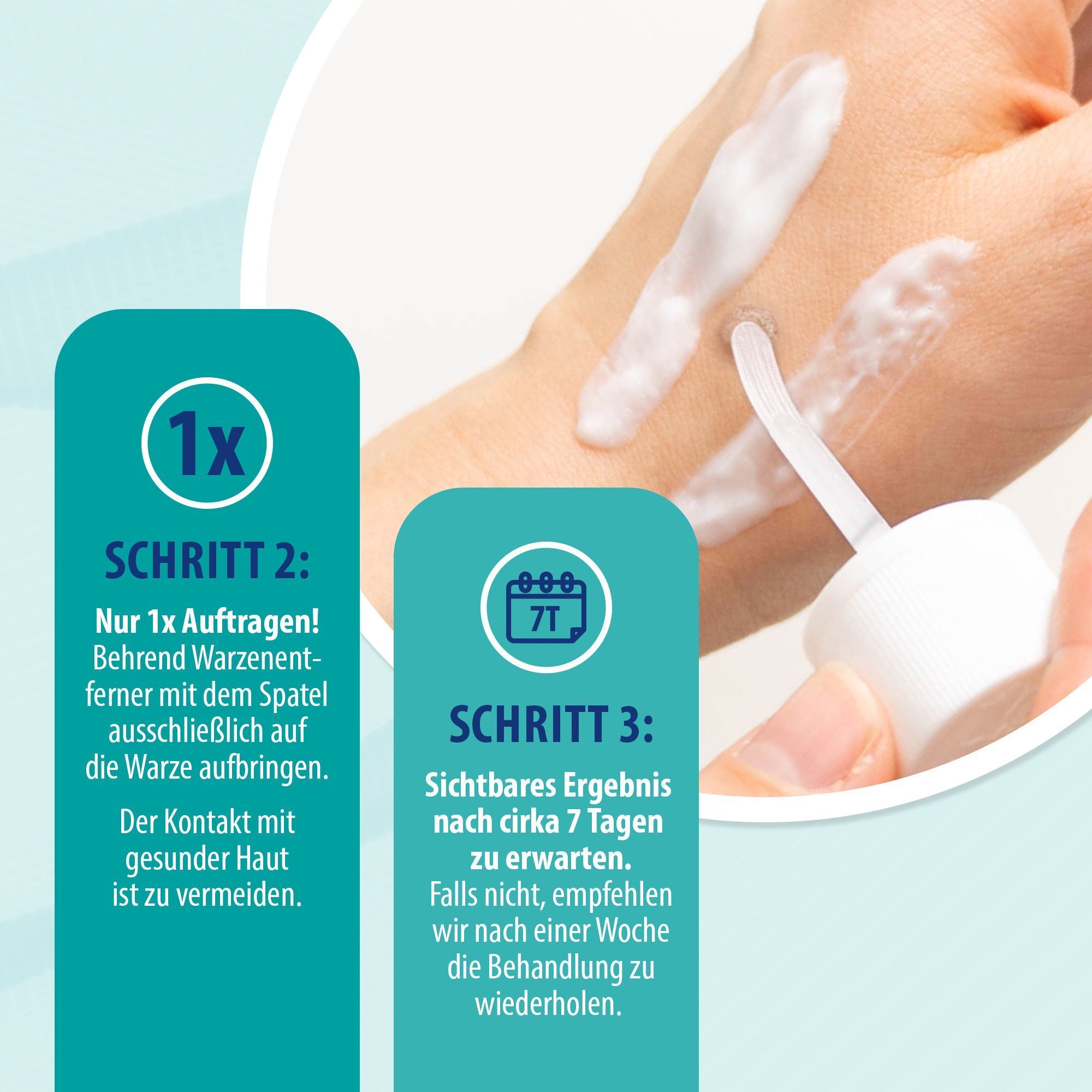 Illustration einer Hand mit Applikator. Text beschreibt Schritt 2 und 3 der Anwendung: Auftragen auf die Warze und erwartetes Ergebnis.
