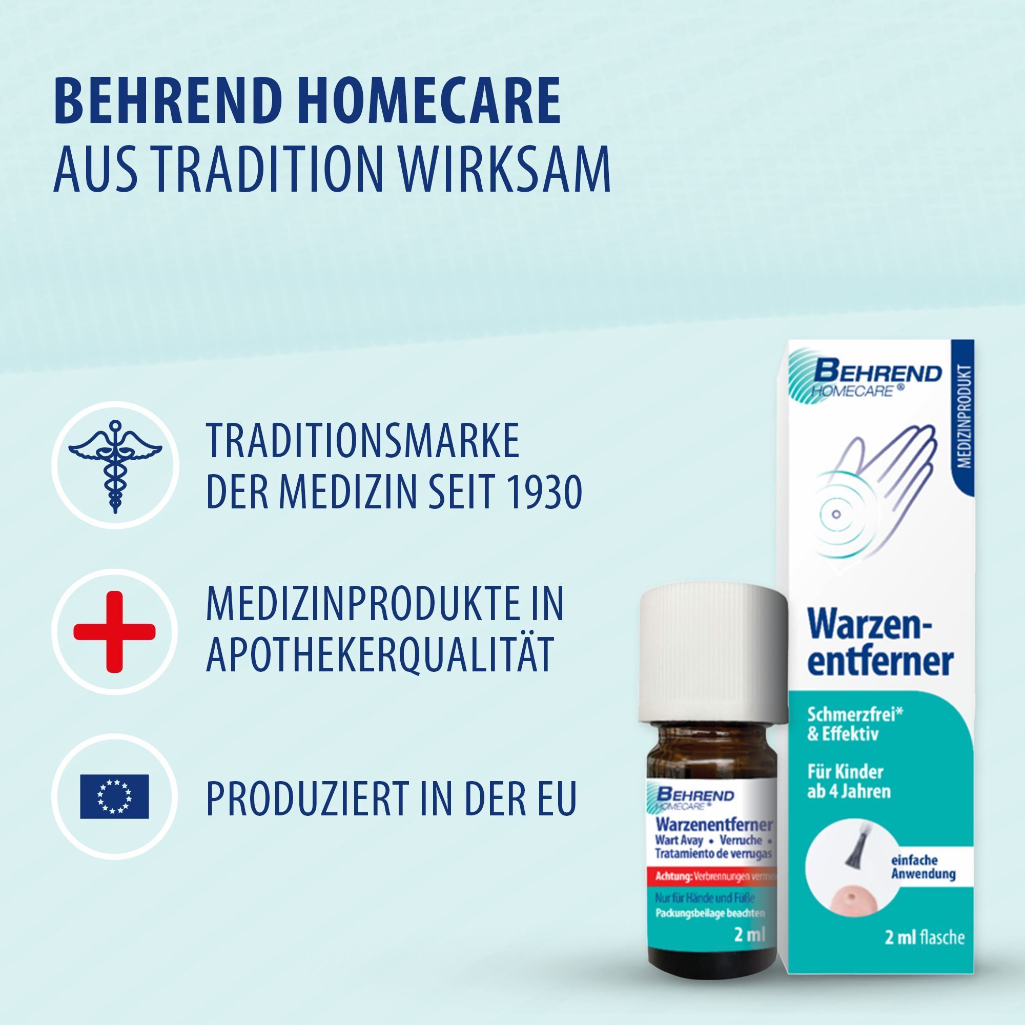 Produktverpackung von Behrend Warzenentferner. Enthält Flasche, Verpackung mit Logo, Text und medizinischen Symbolen.