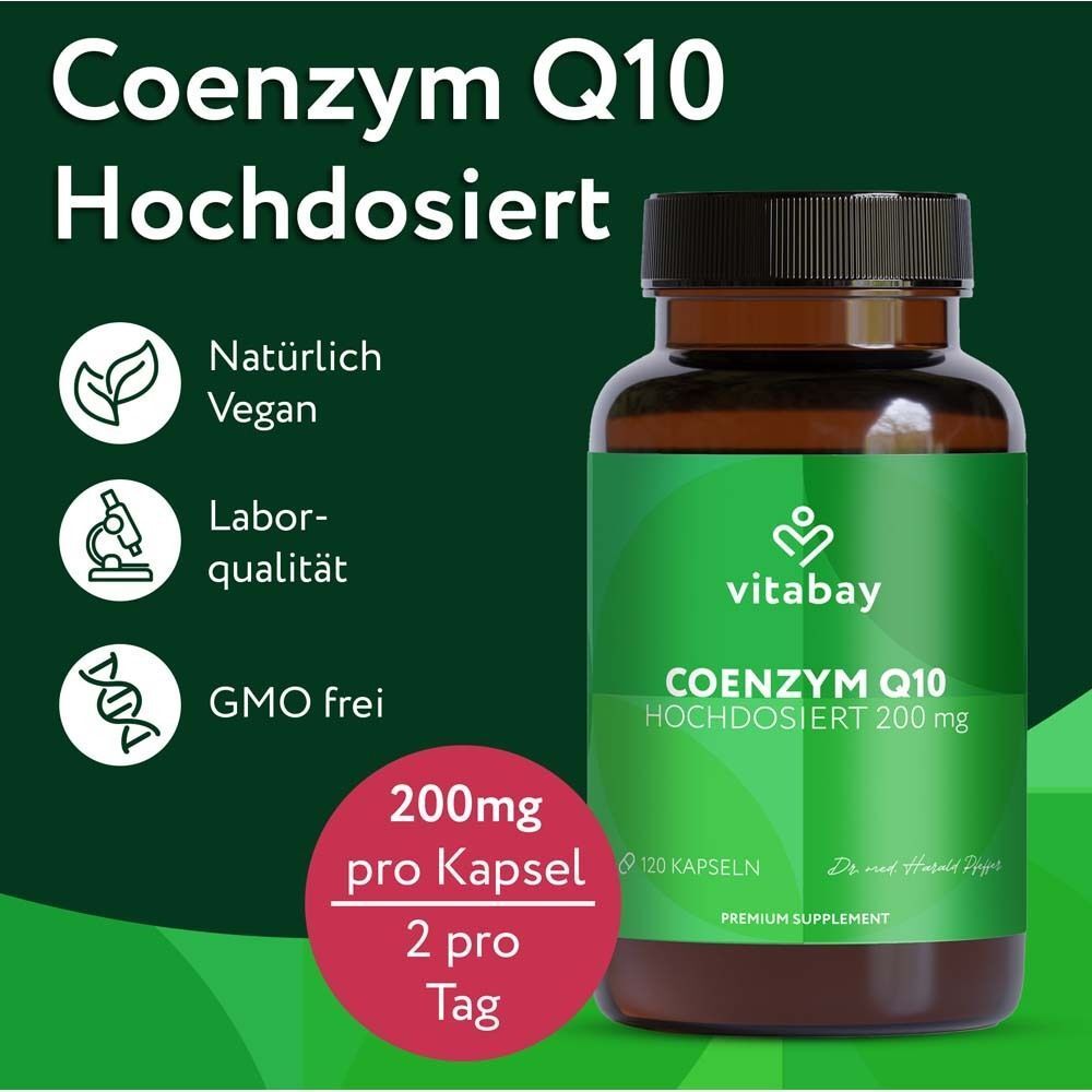 Braune Flasche vitabay® COENZYM Q10 200 mg. Etikett mit Informationen: natürlich, vegan, Laborqualität, GMO frei, 200mg pro Kapsel.