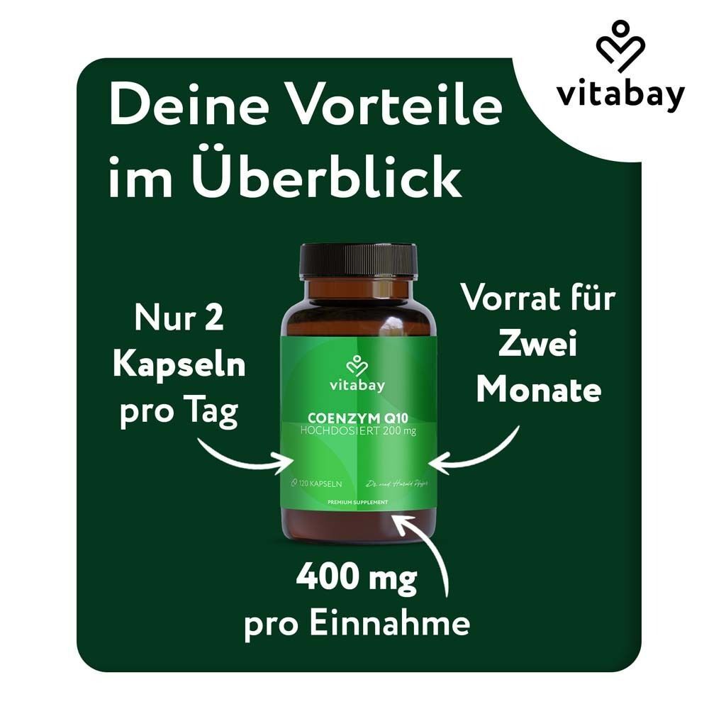 Flasche vitabay® COENZYM Q10 200 mg. Text: Nur 2 Kapseln pro Tag, Vorrat für zwei Monate, 400 mg pro Einnahme.