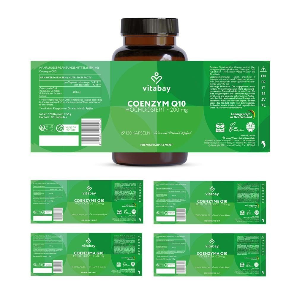 Flasche vitabay® COENZYM Q10 200 mg mit Etikett. Etikett mit Informationen und Nährwertangaben.