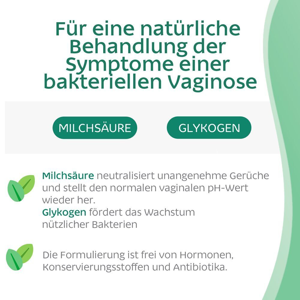Text: Natürliche Behandlung der Symptome einer bakteriellen Vaginose. Milchsäure und Glykogen. Formel ohne Hormone, Konservierungsstoffe.