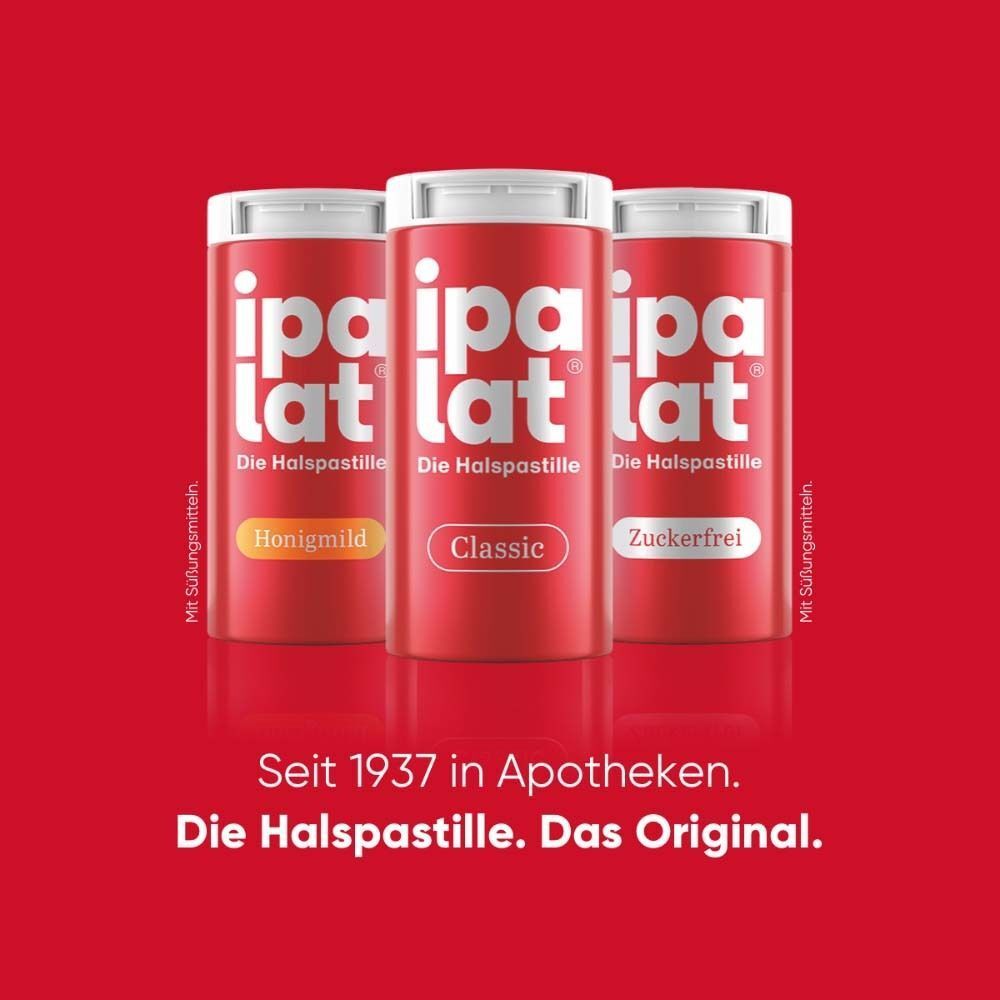 Drei rote Dosen IPALAT Halspastillen. Sorten: Honigmild, Classic, Zuckerfrei. Text: Seit 1937 in Apotheken.