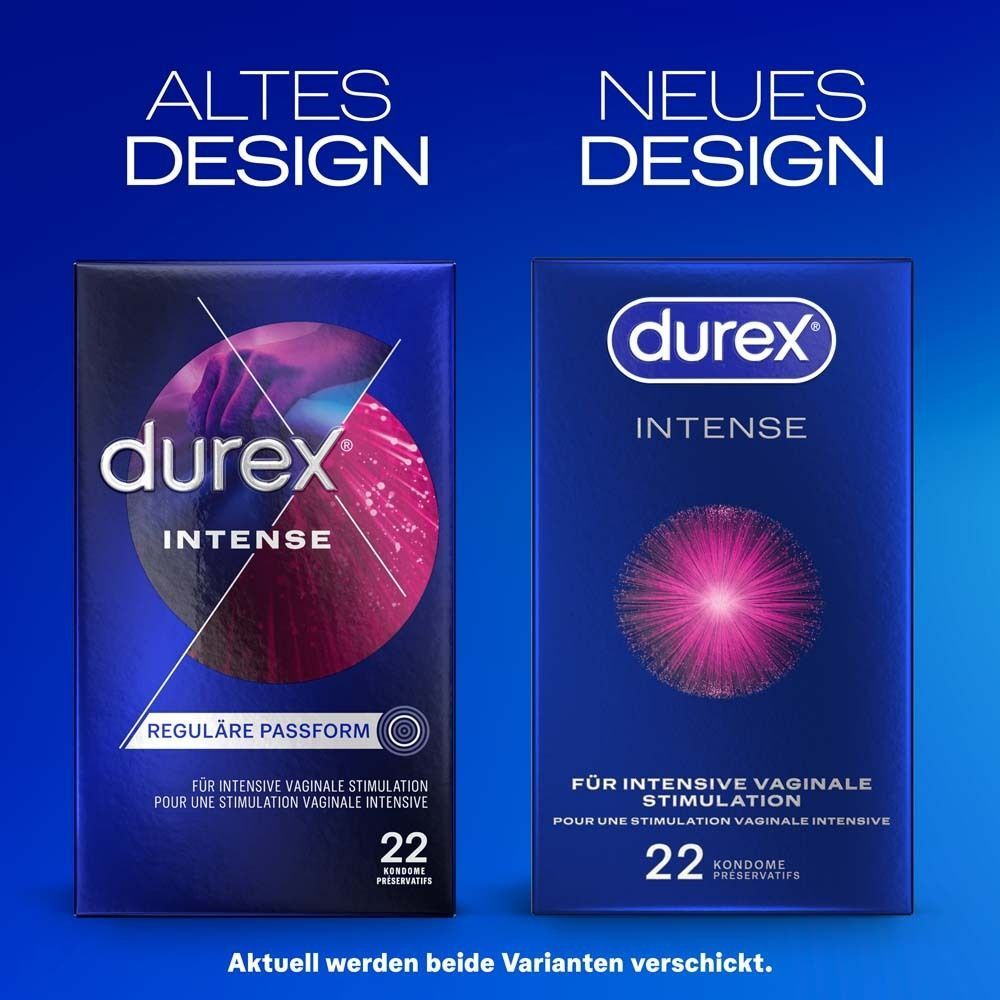 Vergleich: Altes und neues Design der Durex Intense Packung. Text: Für intensive vaginale Stimulation.