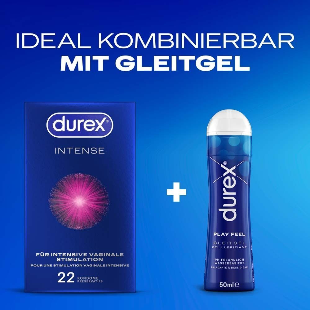 Durex Intense Packung und Gleitgel Flasche. Text: Ideal kombinierbar mit Gleitgel.
