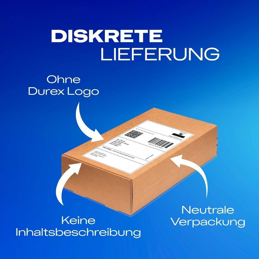 Brauner Karton mit Aufklebern. Text: Diskrete Lieferung. Ohne Durex Logo.