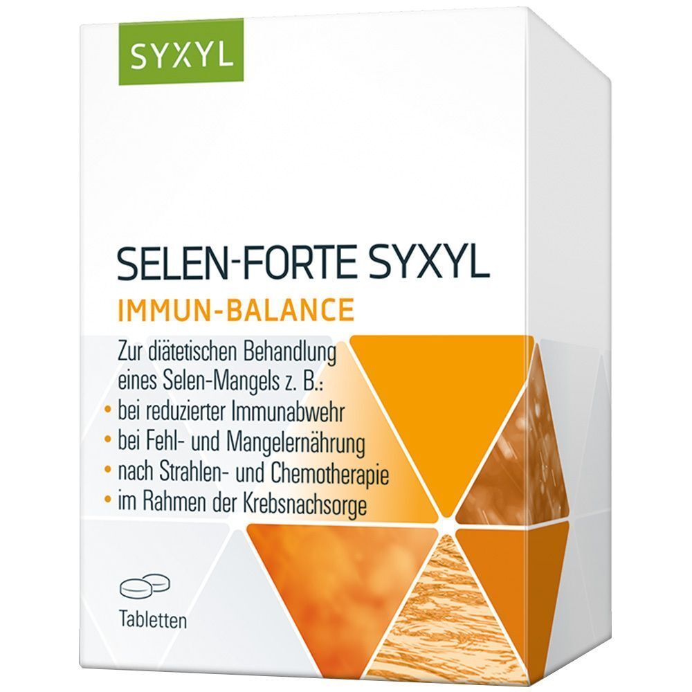Eine Schachtel SYXYL SELEN-FORTE. Weiße Verpackung mit orangefarbenen Akzenten. Aufschrift: SELEN-FORTE SYXYL, IMMUN-BALANCE. Tabletten-Symbol.
