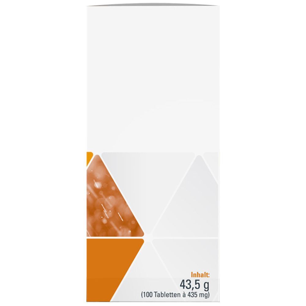 Rückseite einer Schachtel SYXYL SELEN-FORTE. Enthält 43,5 g (100 Tabletten à 435 mg). Weiße Verpackung mit orangefarbenen geometrischen Formen.