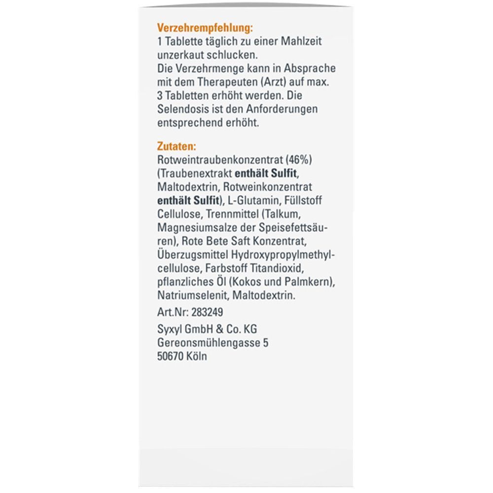 Text auf der Seite einer Schachtel SYXYL SELEN-FORTE. Enthält Informationen zu Zutaten und Verzehrempfehlung. Weißer Hintergrund.