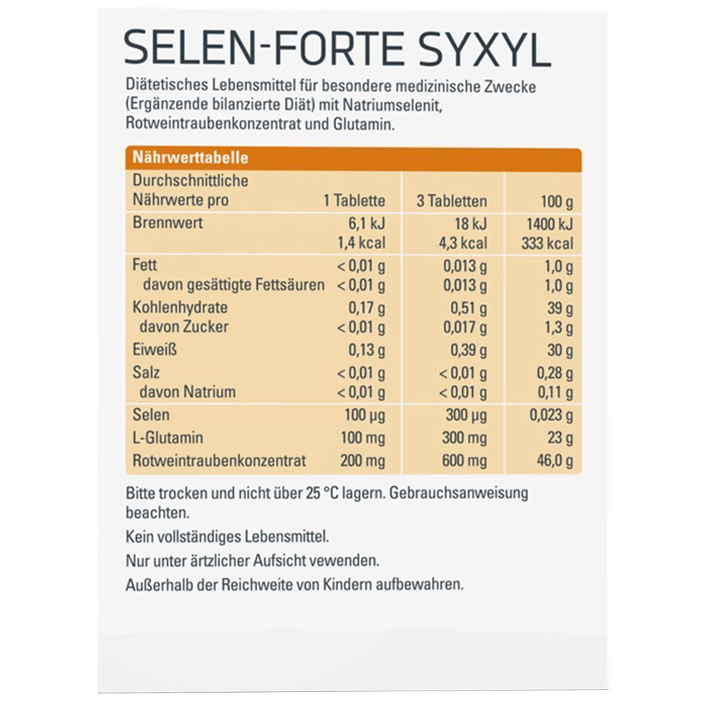 Nährwerttabelle auf einer Schachtel SYXYL SELEN-FORTE. Enthält Informationen zu Nährwerten pro Tablette und pro 3 Tabletten. Weißer Hintergrund.