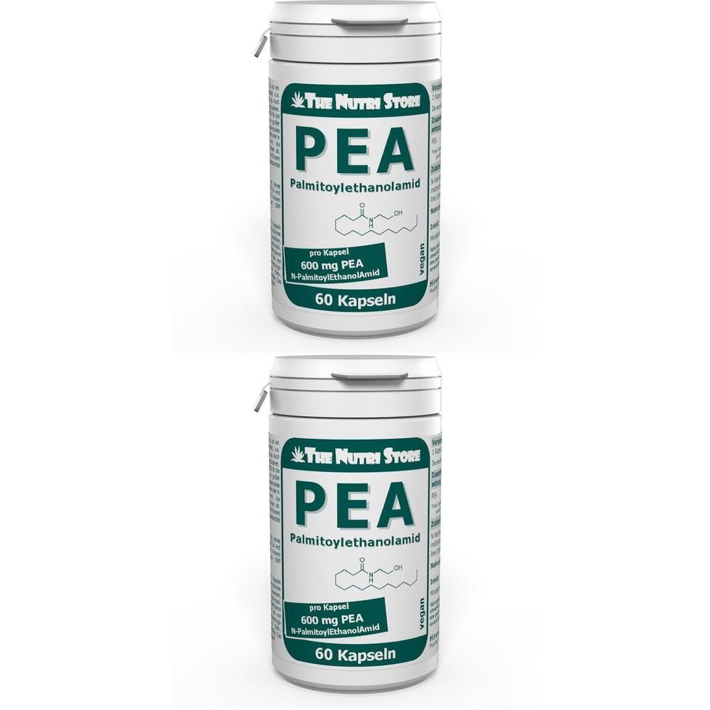 Zwei weiße Pillendosen mit grünem Etikett. Aufschrift: PEA Palmitoylethanolamid, 600 mg, 60 Kapseln. Vegan.