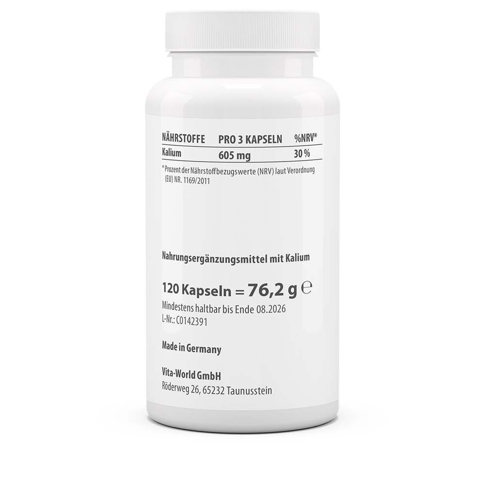 Weiße Flasche mit Etikett. Aufschrift: Nährstoffe, Kalium 605 mg, 30% NRV. Nahrungsergänzungsmittel mit Kalium, 120 Kapseln = 76,2 g.