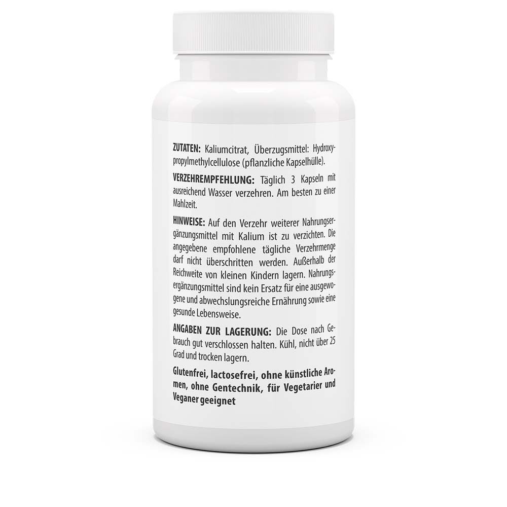 Weiße Flasche mit Etikett. Aufschrift: Zutaten, Verzehrempfehlung, Hinweise, Angaben zur Lagerung. Glutenfrei, lactosefrei, ohne künstliche Aromen, ohne Gentechnik, für Vegetarier und Veganer geeignet.