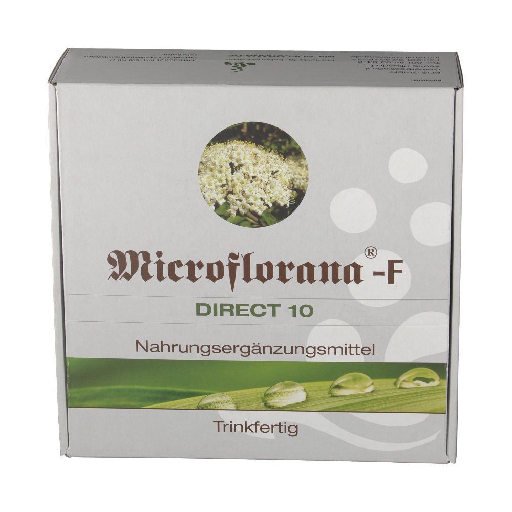 Vorderseite einer Packung Microflorana-F DIRECT 10, Nahrungsergänzungsmittel.