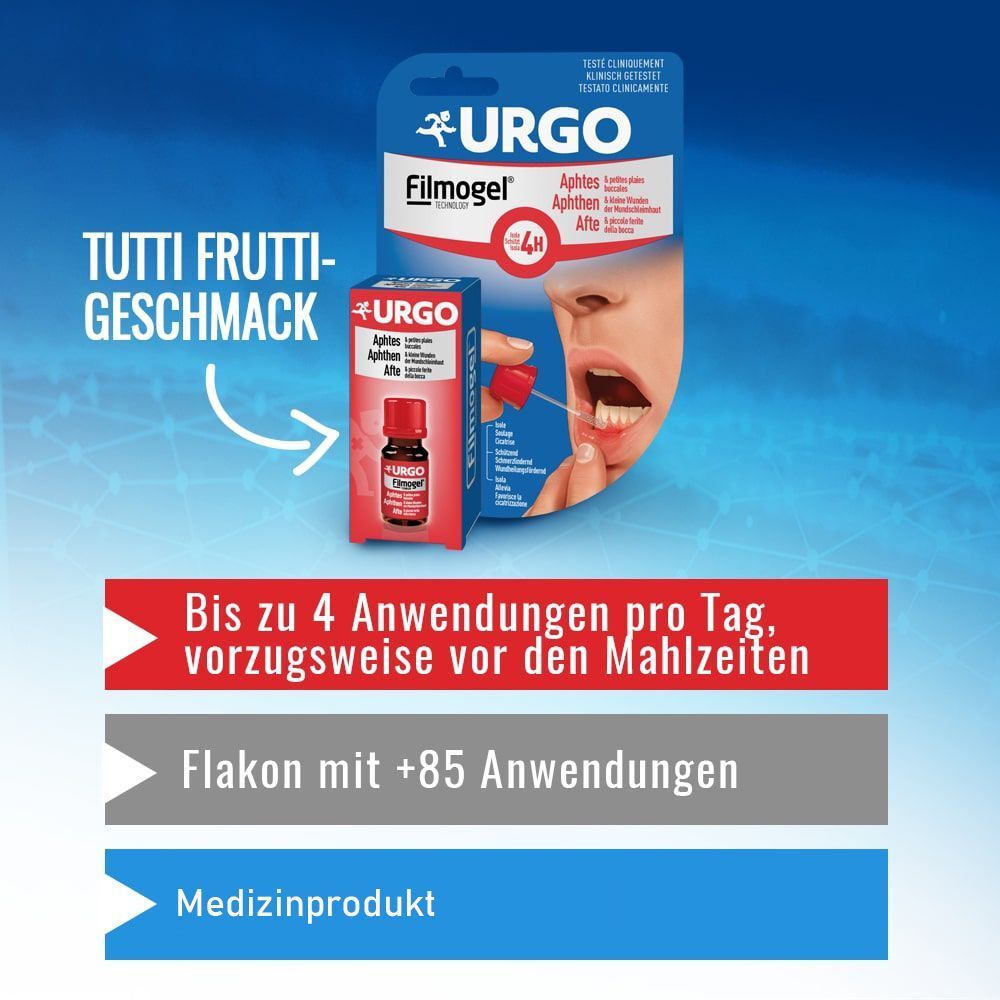 Produktabbildung mit Text: Tutti Frutti Geschmack. Bis zu 4 Anwendungen pro Tag, vorzugsweise vor den Mahlzeiten. Flakon mit +85 Anwendungen.