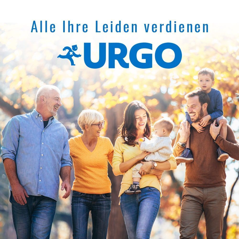 Familie im Freien. Text: Alle Ihre Leiden verdienen URGO.