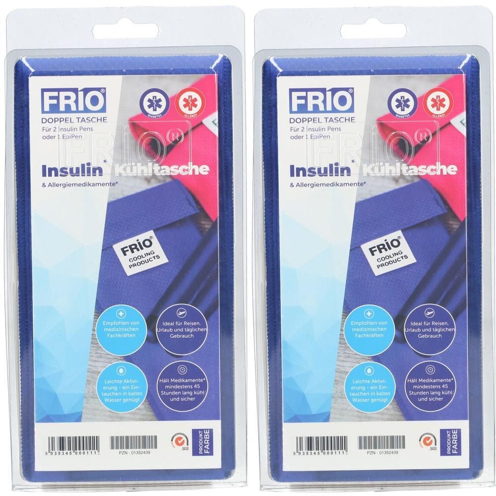 Zwei FRIO Doppeltaschen in Blisterverpackung. Blaue Taschen mit rosa Akzenten, für Insulin oder Medikamente. Sichtbar: Logo und Schrift.