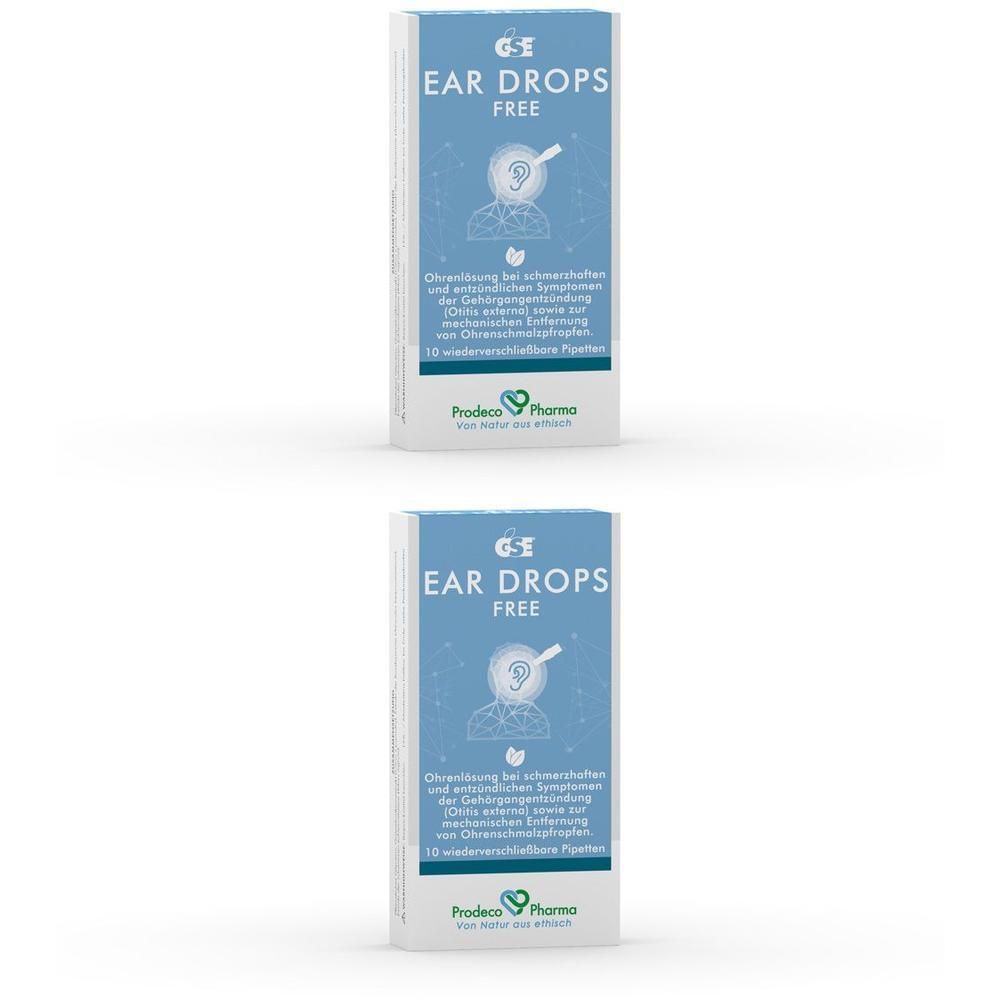 Zwei Packungen G&E Ear Drops Free mit Pipetten. Blaue Verpackung mit Ohren-Symbol und Produktinformationen.