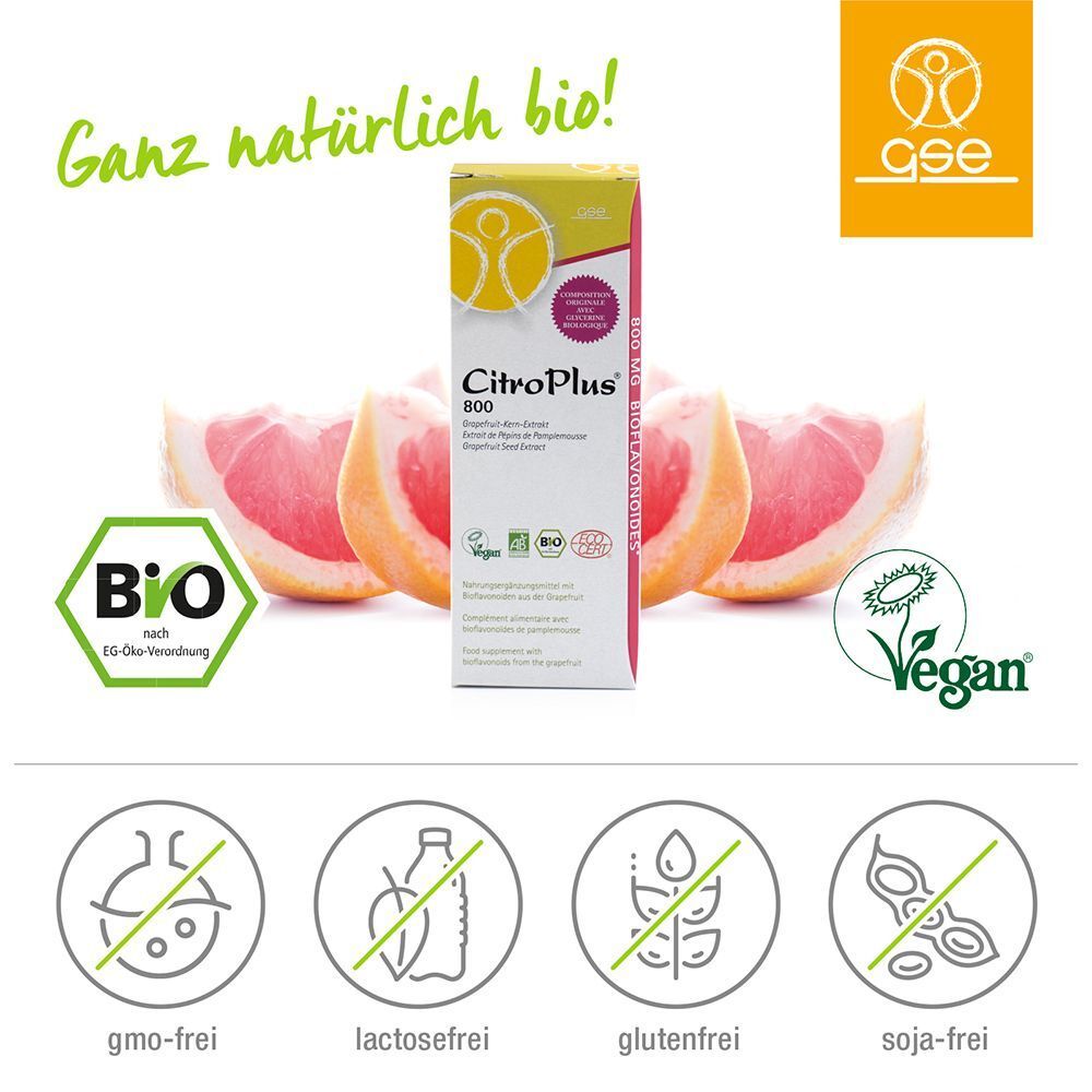 CitroPlus 800 Packung mit Bio-Logo, Vegan-Logo. Grafiken: Gmo-frei, laktosefrei, glutenfrei, sojafrei. Hintergrund: Grapefruit-Hälften.
