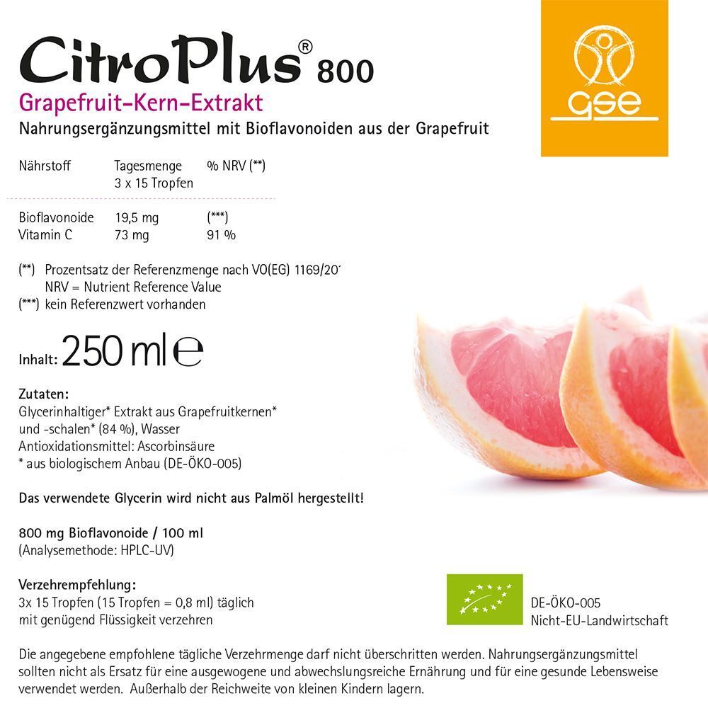 Etikett CitroPlus 800. Enthält: Grapefruit-Kern-Extrakt, Vitamin C. Angaben zu Inhaltsstoffen und Nährwerten. Logo: DE-ÖKO-005.