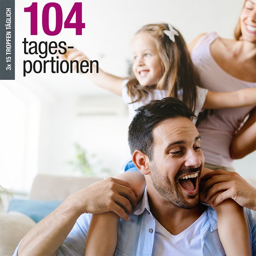 Familie mit Kind. Text: 104 Tagesportionen. Produkt nicht sichtbar.
