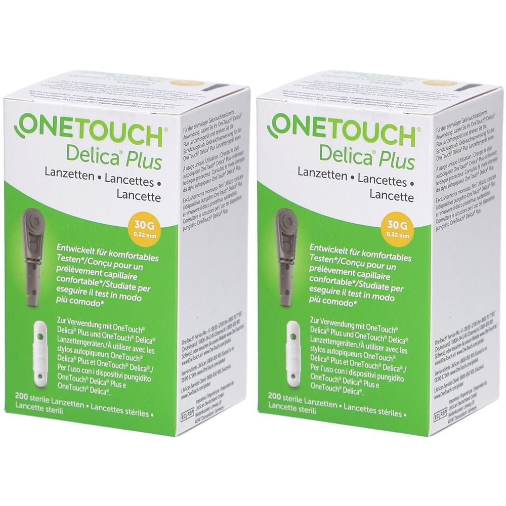 Zwei Schachteln mit "ONETOUCH Delica Plus Lanzetten". Grün-weiß Verpackung. Aufdrucke: Lanzetten, 30G, 0.32 mm, 200 sterile Lanzetten.