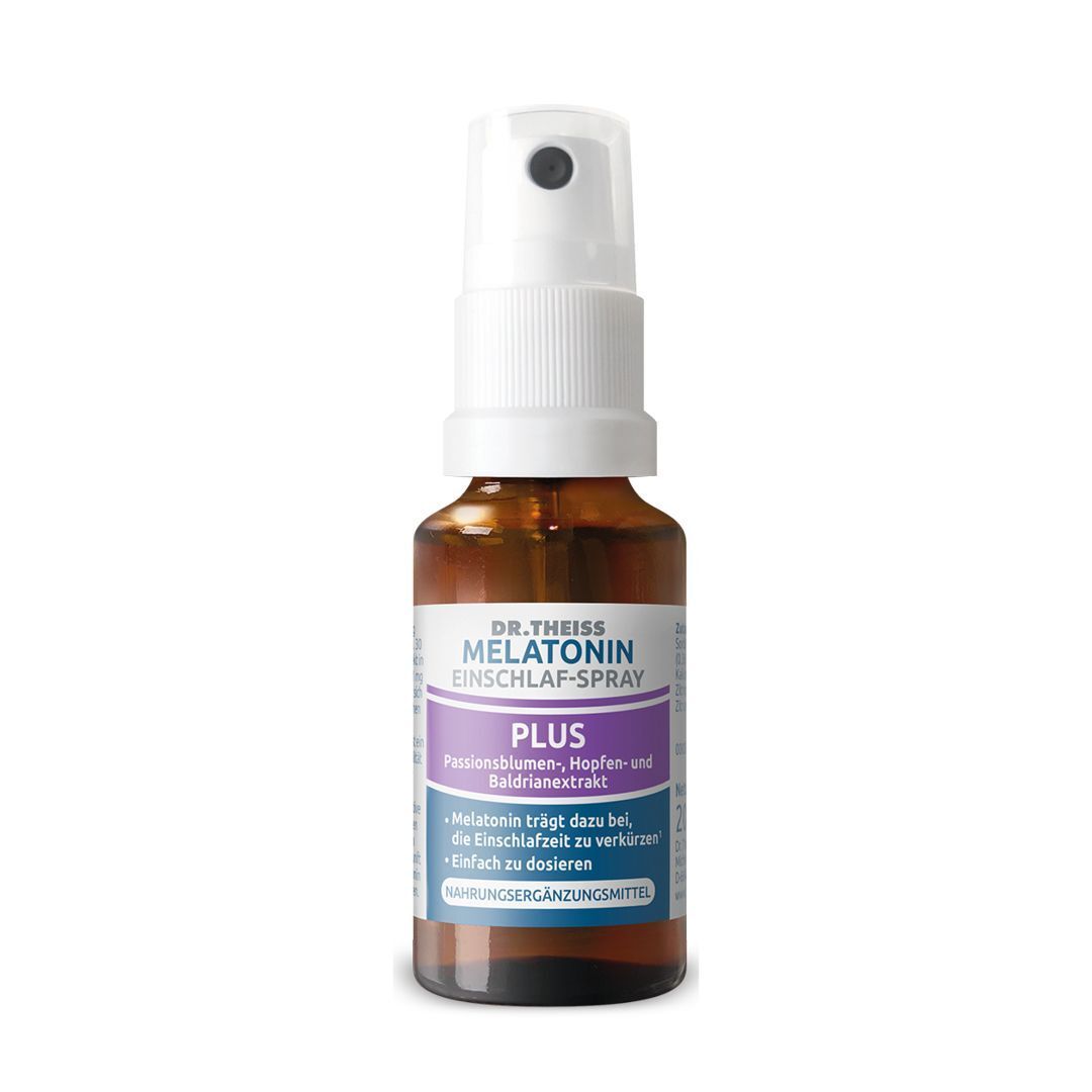 Sprühflasche DR. THEISS Melatonin Einschlaf-Spray Plus mit Baldrian- und Hopfenextrakt.