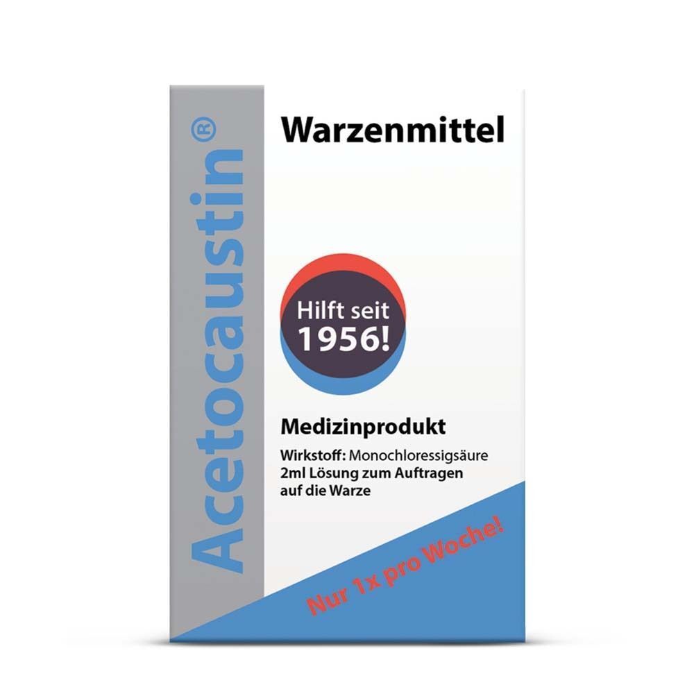 Verpackung von Acetocaustin Lösung Warzenmittel. Zeigt Produktnamen, Wirkstoff, und Anwendungshinweise. Weiß-blaue Farbgebung.