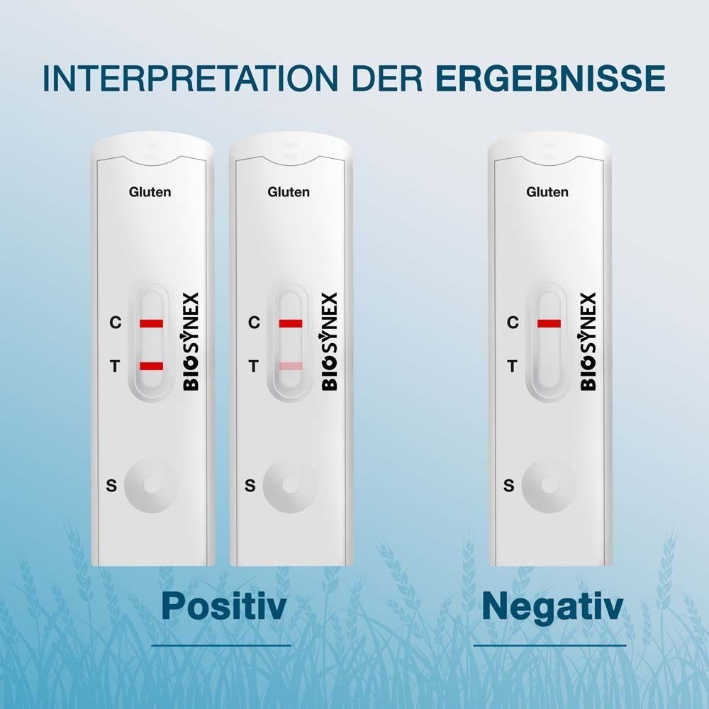 Drei BIOSYNEX Gluten Selbsttest-Stäbchen zeigen Interpretation der Ergebnisse: Positiv und Negativ.