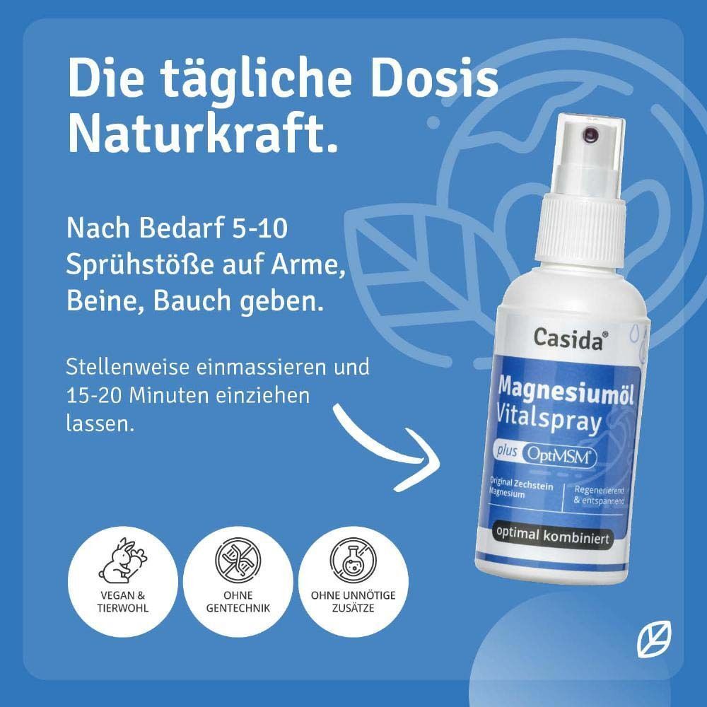 Eine weiße Sprühflasche mit blauem Etikett. Aufschrift: Magnesiumöl Vitalspray plus OptiMSM. Marke: Casida. Anwendungshinweis.