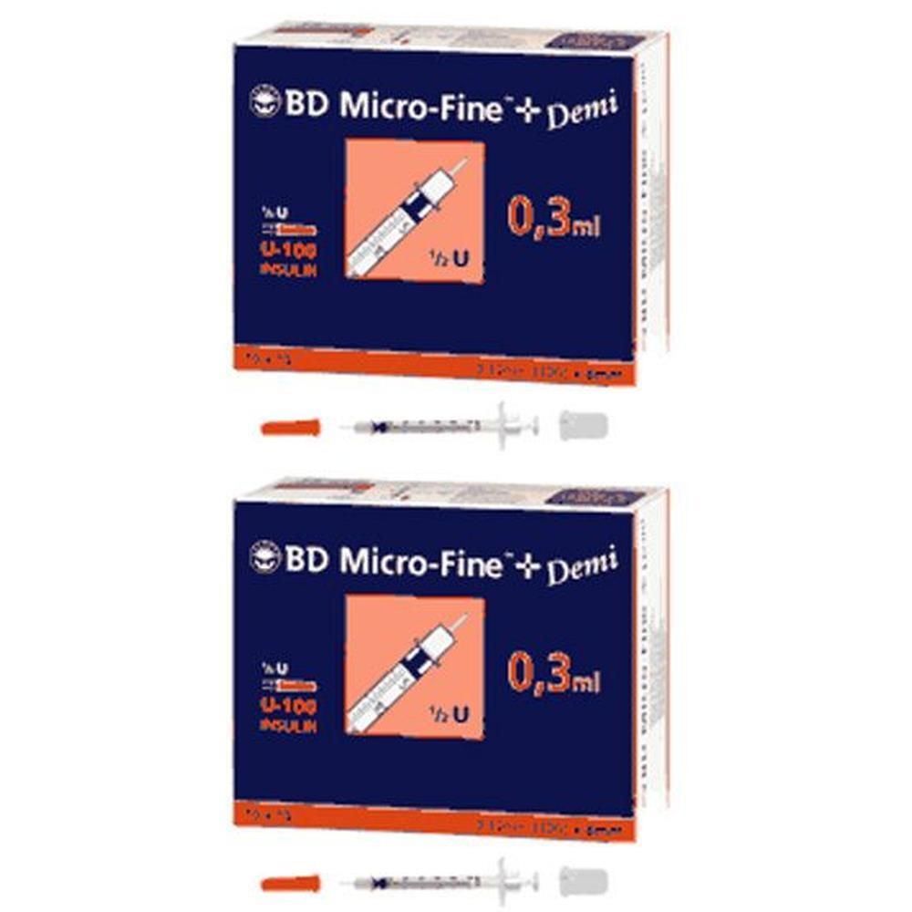 Zwei Packungen mit Spritzen. Auf den Packungen steht "BD Micro-Fine+ Demi" und "0,3ml". Darunter sind Spritzen und Nadeln abgebildet.
