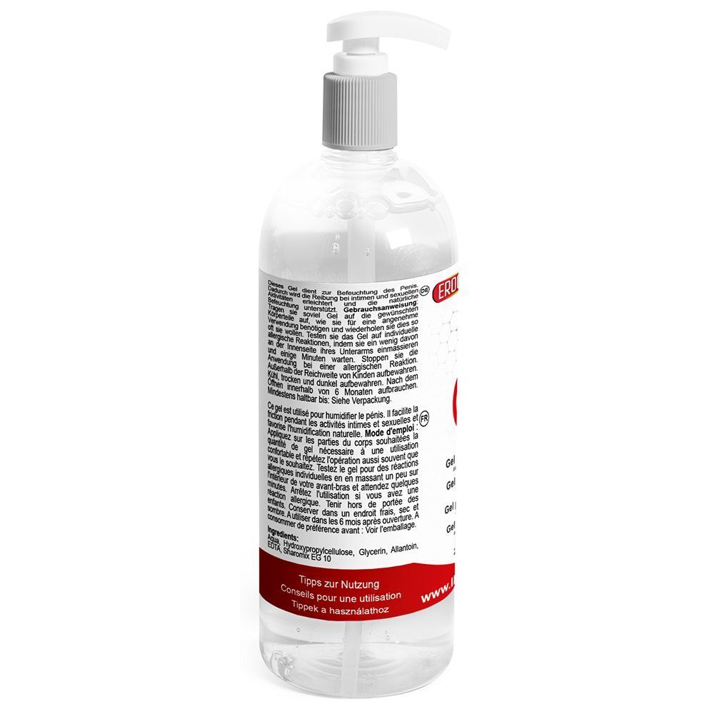 Eine Flasche Gel mit Pumpverschluss. Aufschrift: Gel für die Haut. Rotes und weißes Etikett. Rückansicht.