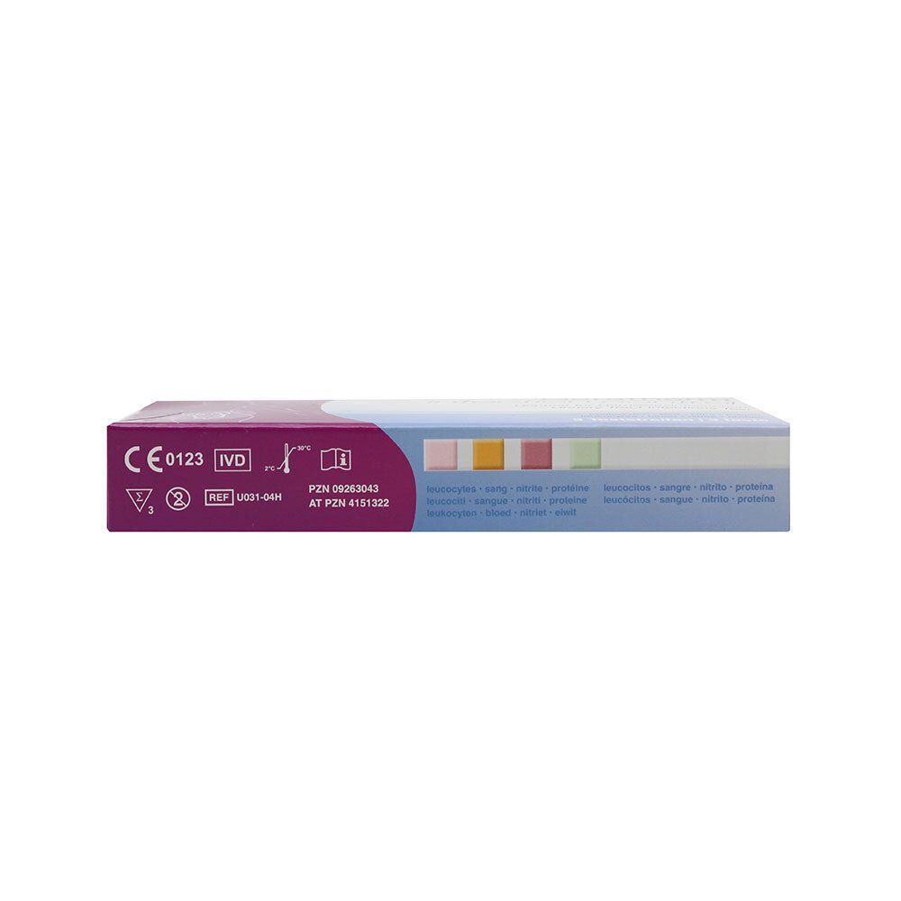 Seitenansicht einer Packung GERATHERM infection control. Aufdruck: CE-Kennzeichnung, IVD. Farbige Testfelder.