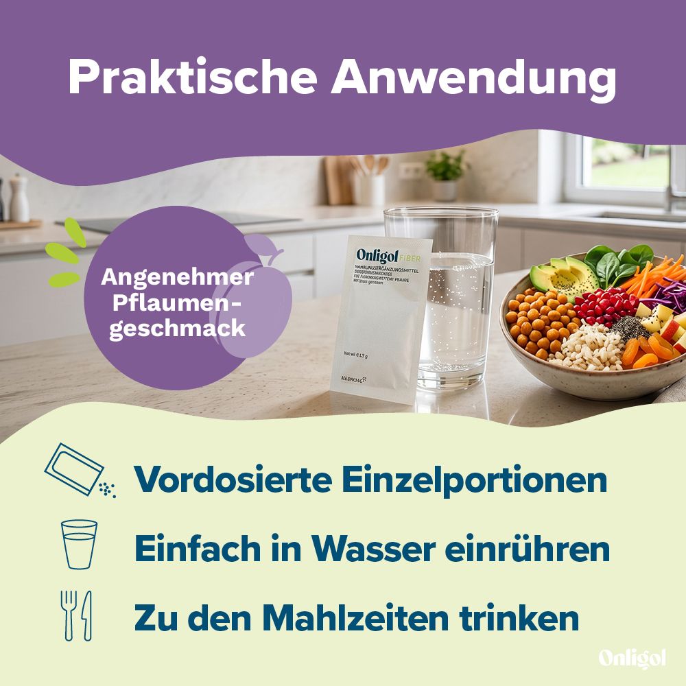 Praktische Anwendung: Vordosierte Einzelportionen, einfach in Wasser einrühren, angenehmer Pflaumengeschmack.