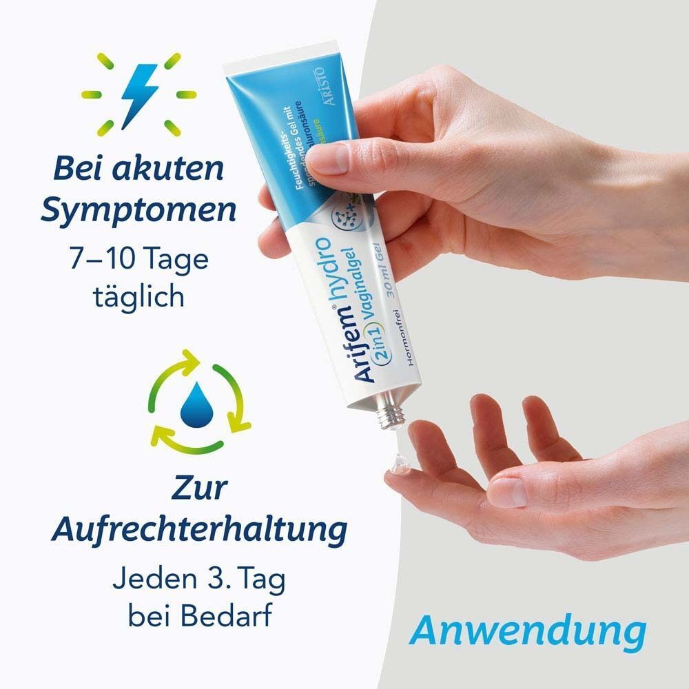 Anwendung: Hand hält Tube Arifem hydro 2in1 Vaginalgel. Text: Bei akuten Symptomen, zur Erhaltung.