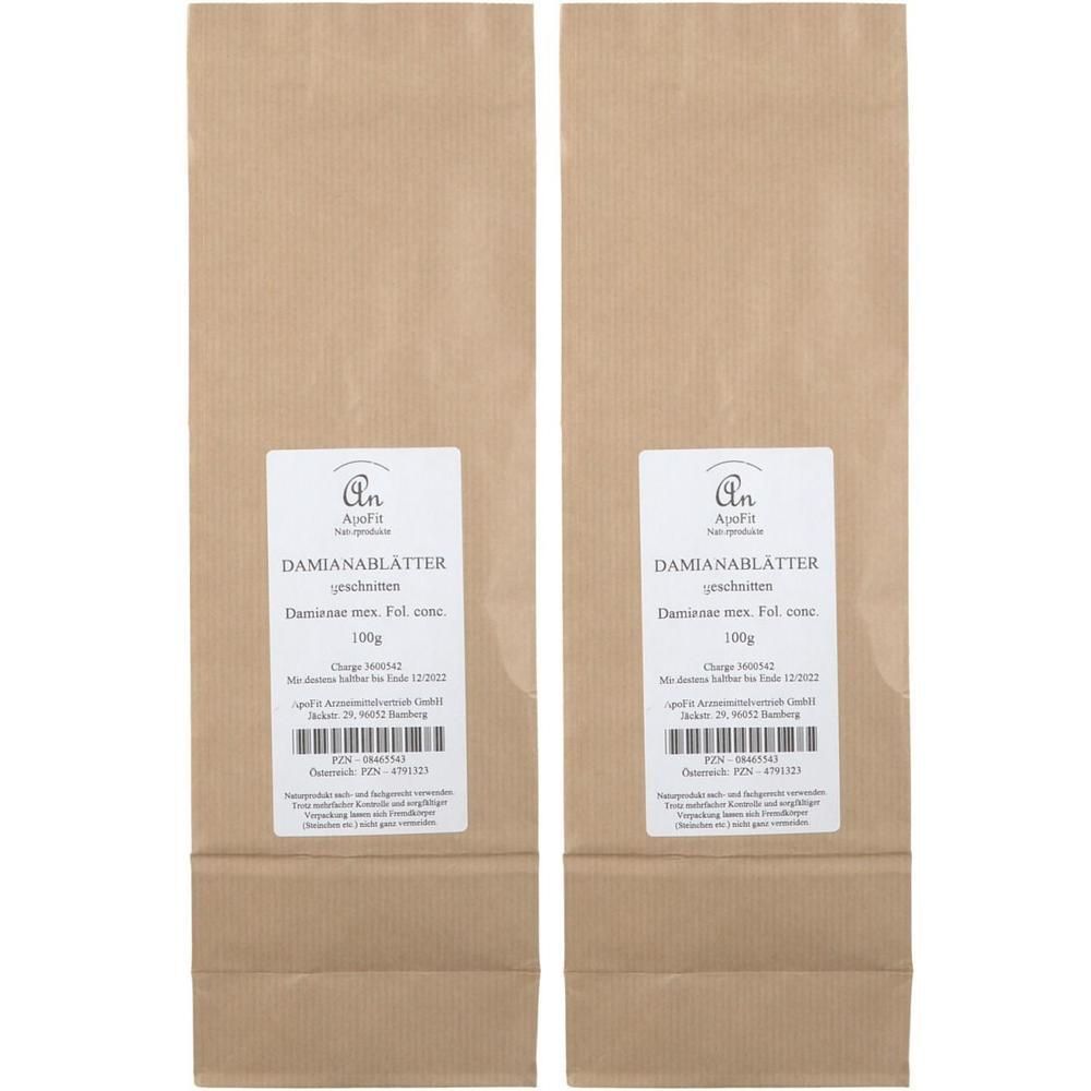 Zwei Packungen Damiana Blätter, je 100g, in braunen Papiertüten mit Etikett.