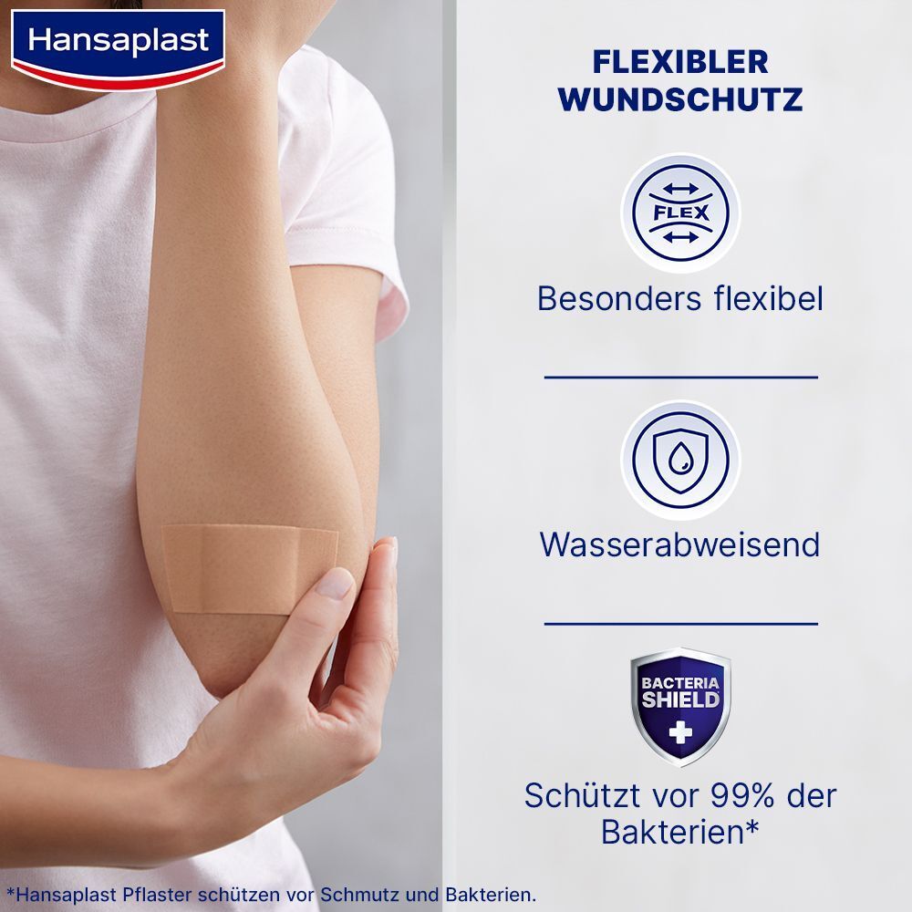 Arm mit Hansaplast Pflaster am Ellenbogen. Text: Flexibler Wundschutz, besonders flexibel, wasserabweisend, Bakterienschutz.
