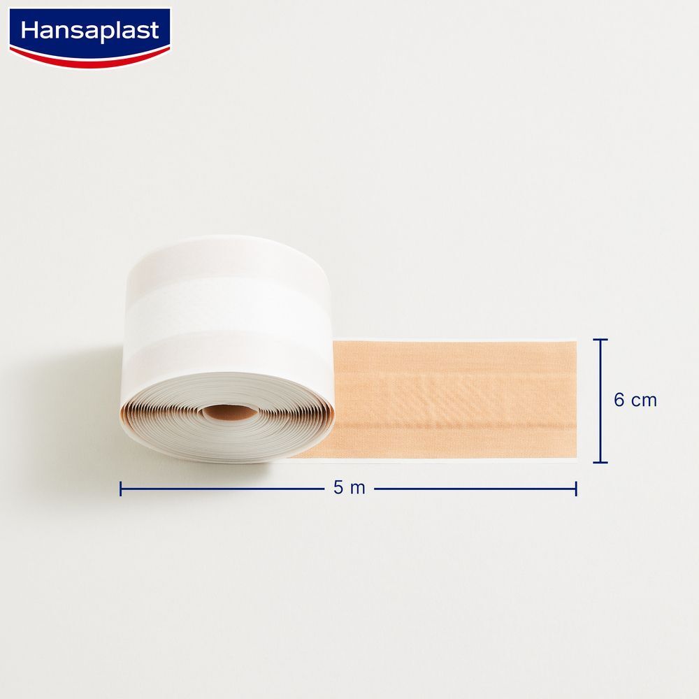Rolle Hansaplast Pflaster, 5 m x 6 cm. Pflaster ausgerollt. Auf weißem Hintergrund. Abmessungen deutlich sichtbar.