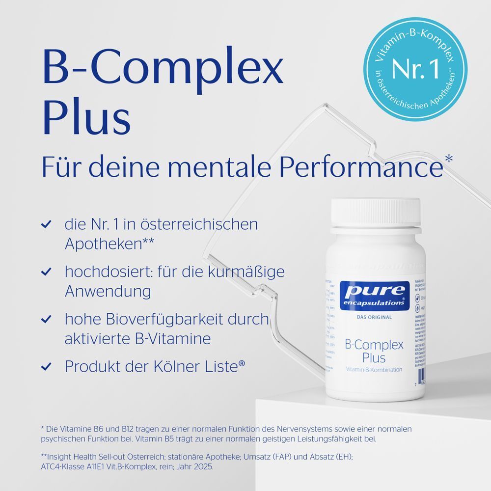Eine Flasche B-Complex Plus. Text: Nr. 1 in österreichischen Apotheken. Hochdosiert. Hohe Bioverfügbarkeit.